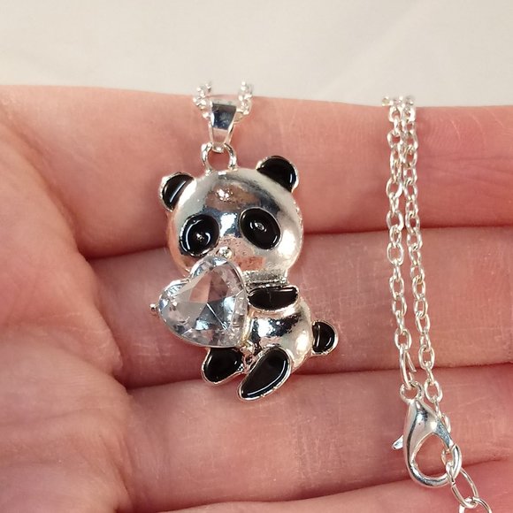 Silver Plated White Heart Diamond Zircon Panda Pendant Necklace 2.41ctw Gift - Picture 1 of 4